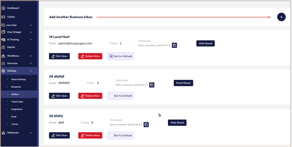 Mailbox/Business Inbox Settings 1 ADD BUSINESS INBOX